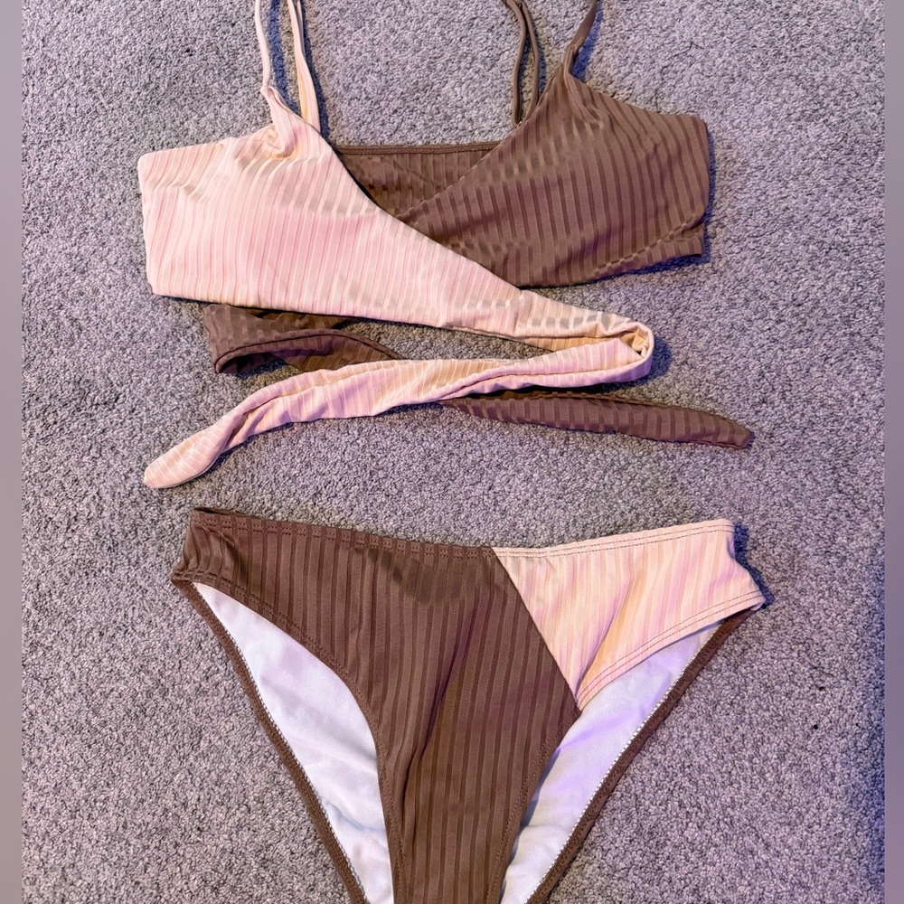 Brown and Cream Ribbed Bikini Set